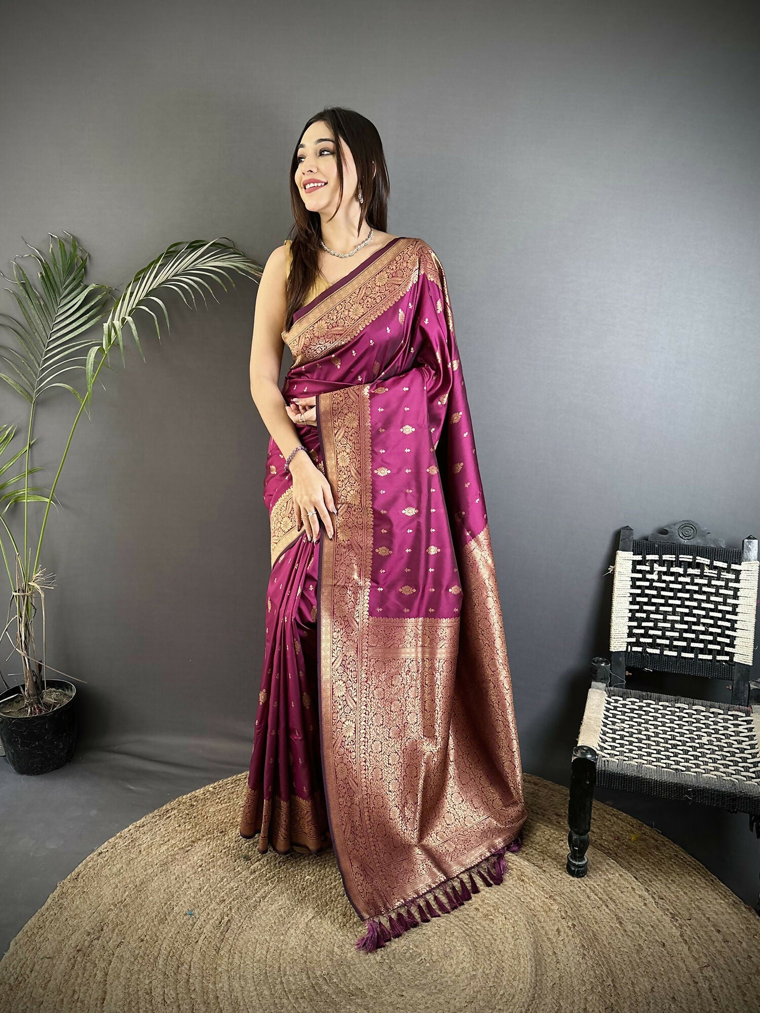 Joban Fashion Magenta Zari Weaving Motif Lichi Silk Banarasi Silk Saree | Grocsy