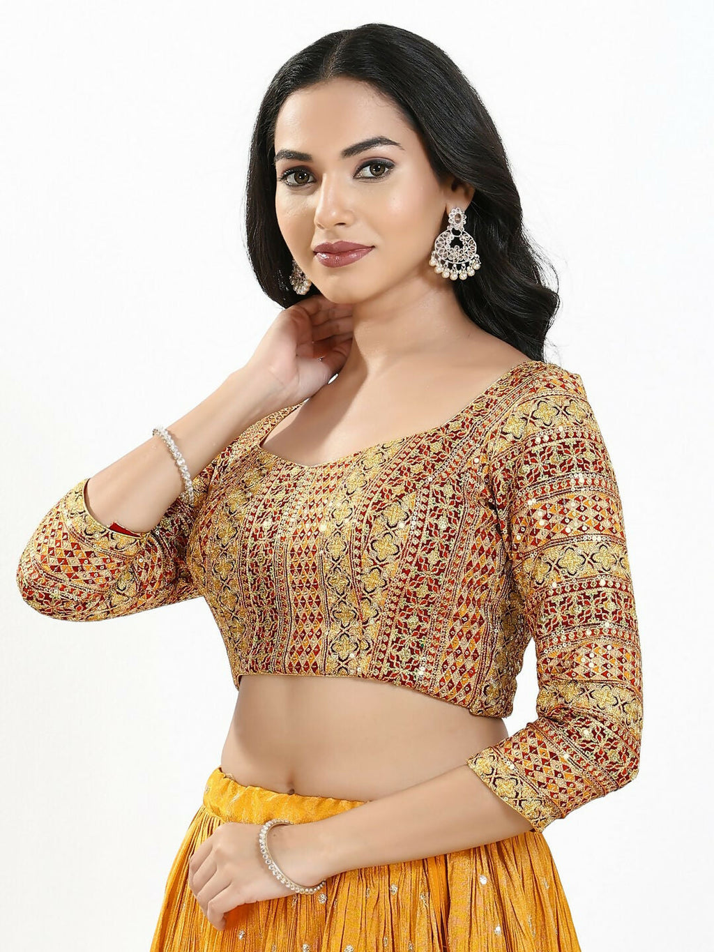 Joban Fashion Red Multi Silk Padded Blouse With Sweetheart Neck 3/4 Sleeves | Grocsy