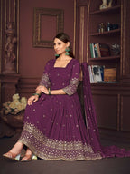 Jyoti Fashion Women's Purple Georgette Embroidered Anarkali Kurta Pant Set With Dupatta | Grocsy