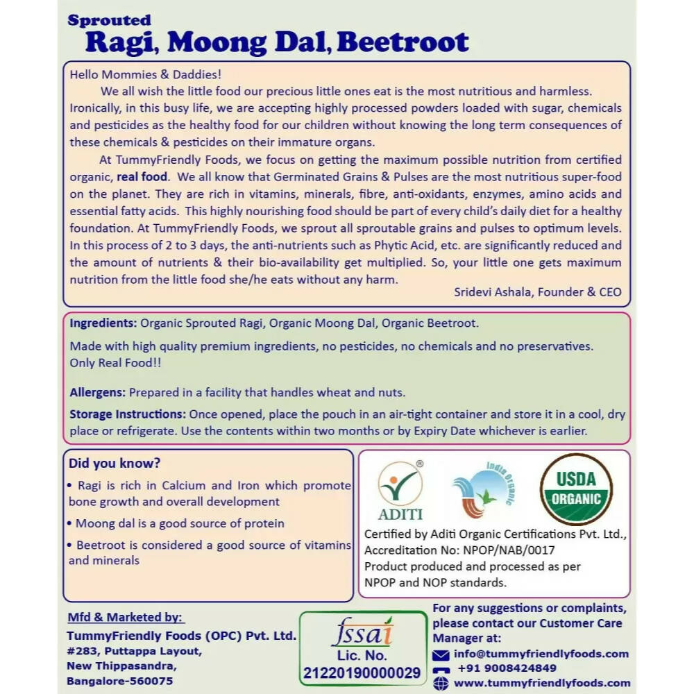 TummyFriendly Foods Organic Sprouted Ragi, Moong Dal, Beetroot Porridge Mix | Grocsy