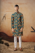 Peacock Oasis Nehru Jacket Set With Orange Hues by Hilo Design | Grocsy