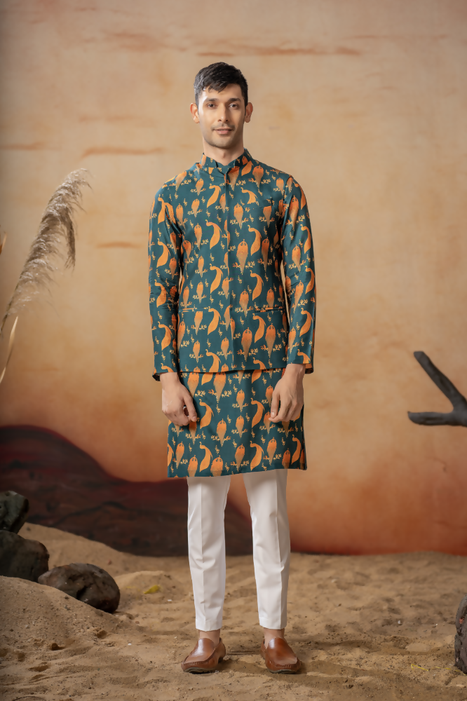 Peacock Oasis Nehru Jacket Set With Orange Hues by Hilo Design | Grocsy