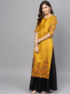 Ahalyaa Women's Mustard Poly Silk Printed Kurta Skirt Set With Dupatta | Grocsy