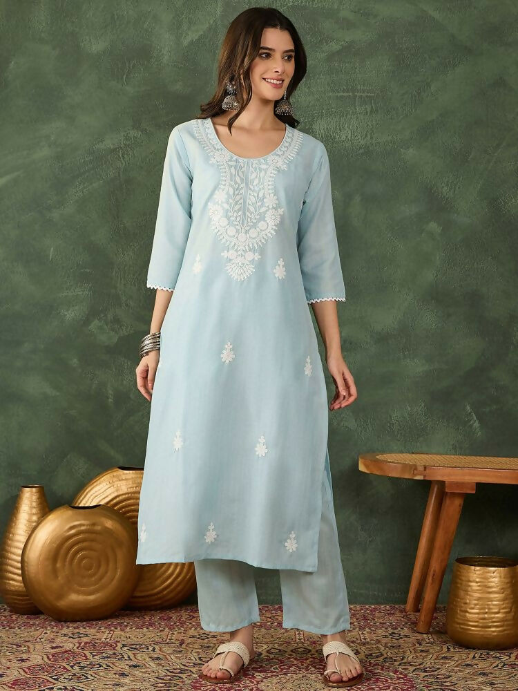 The52 Women's Beautiful Thread Work Cotton Blend Fabric Straight Kurta Pant and Dupatta Set | Grocsy
