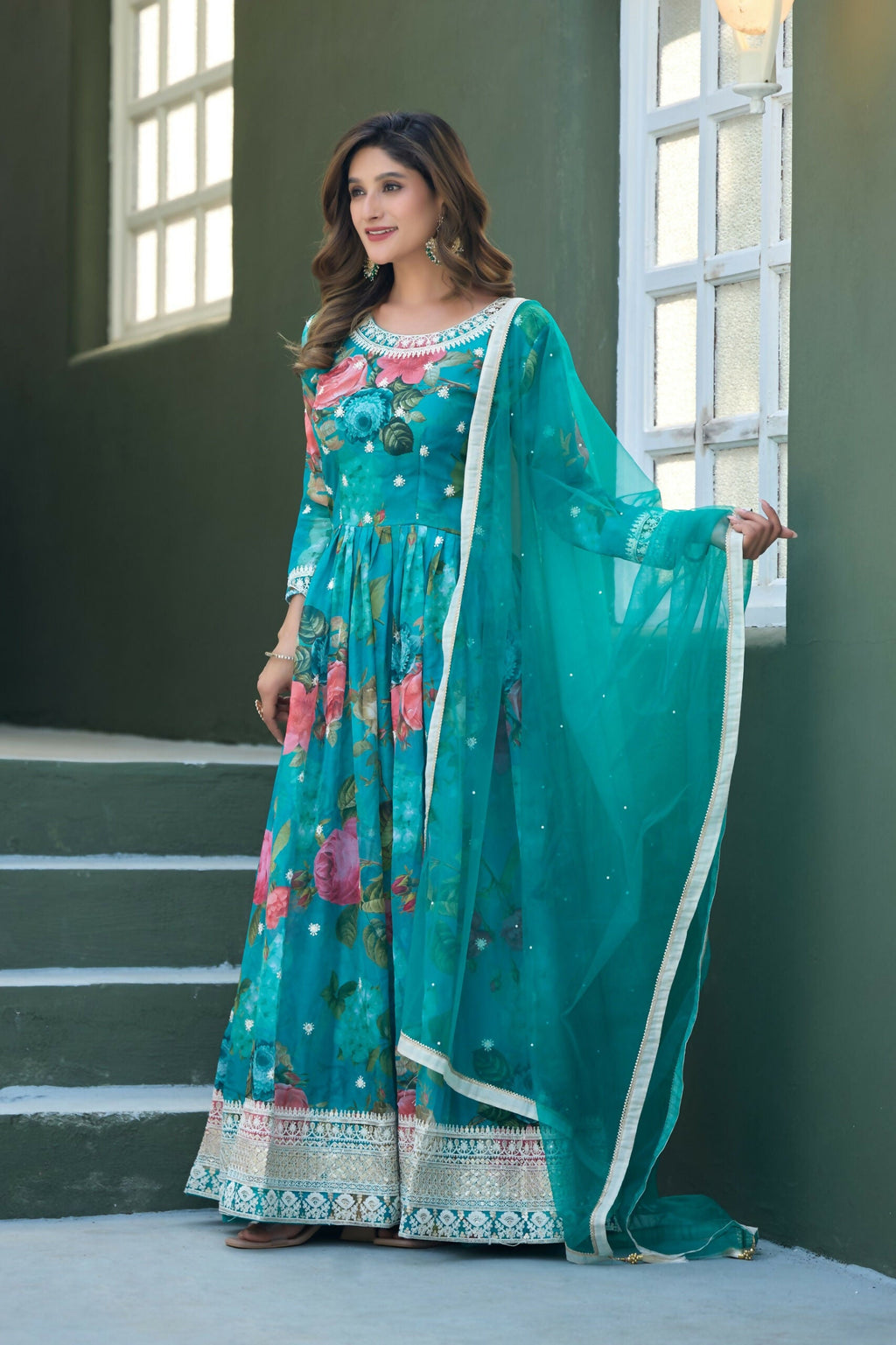 Anaita Blue Tabby Silk Readymade Anarkali Suit with Embroidery Thread & Sequence Work | Grocsy