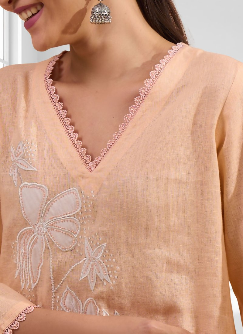 Joban Fashion Coral Linen Embroidered Readymade Long Kurta With Pant | Grocsy