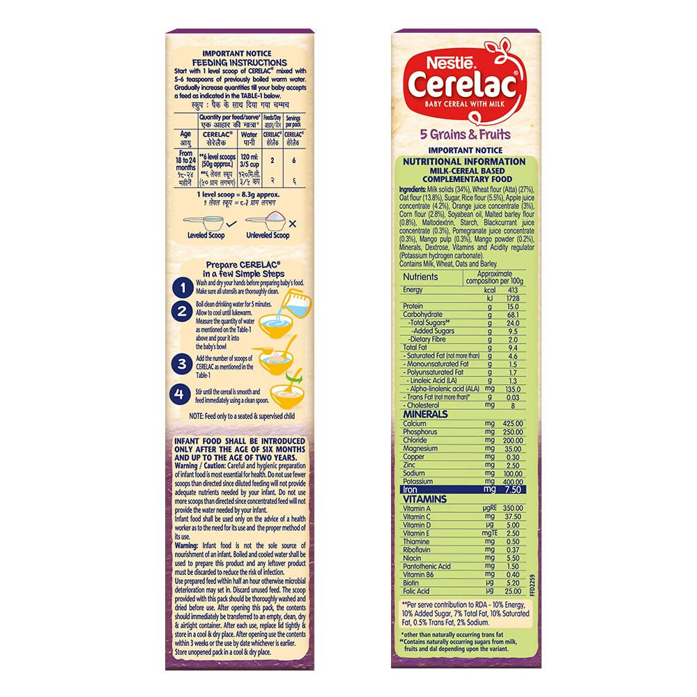 Nestle Cerelac Baby Cereal with Milk, 5 Grains & Fruits From 18 to 24 Months | Grocsy