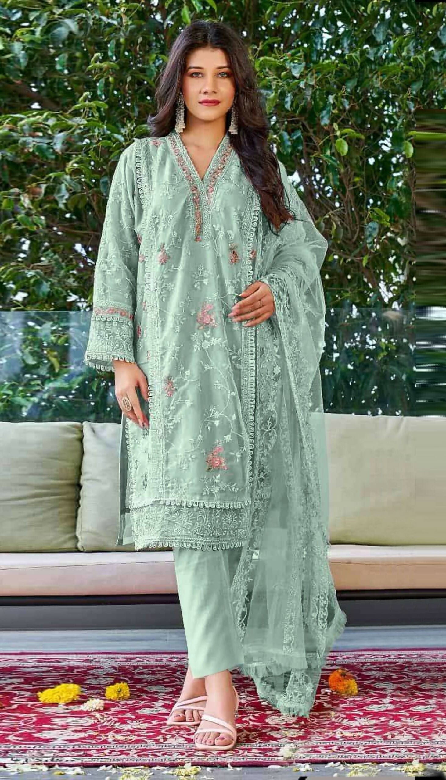Anaita Light_Green Embroidered Organza Stitched Salwar Suit | Grocsy