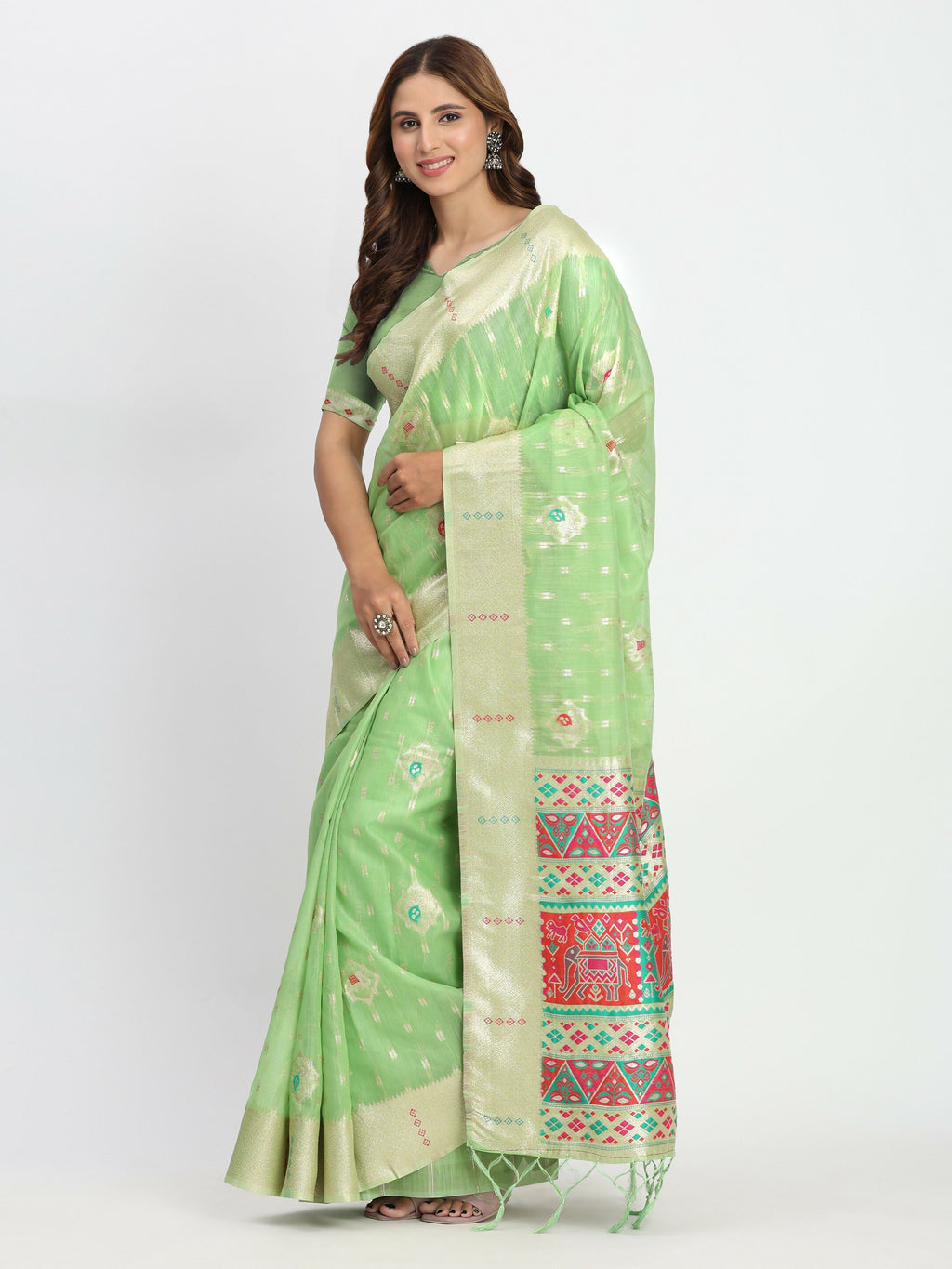 Shree Shyam Fashion Linen Cotton Light Green Saree | Grocsy