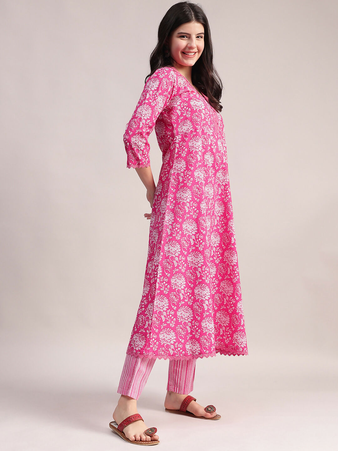 Aavyora Women's Pink Floral Print Cotton A-Line Kurta with Striped Trouser & Dupatta | Grocsy
