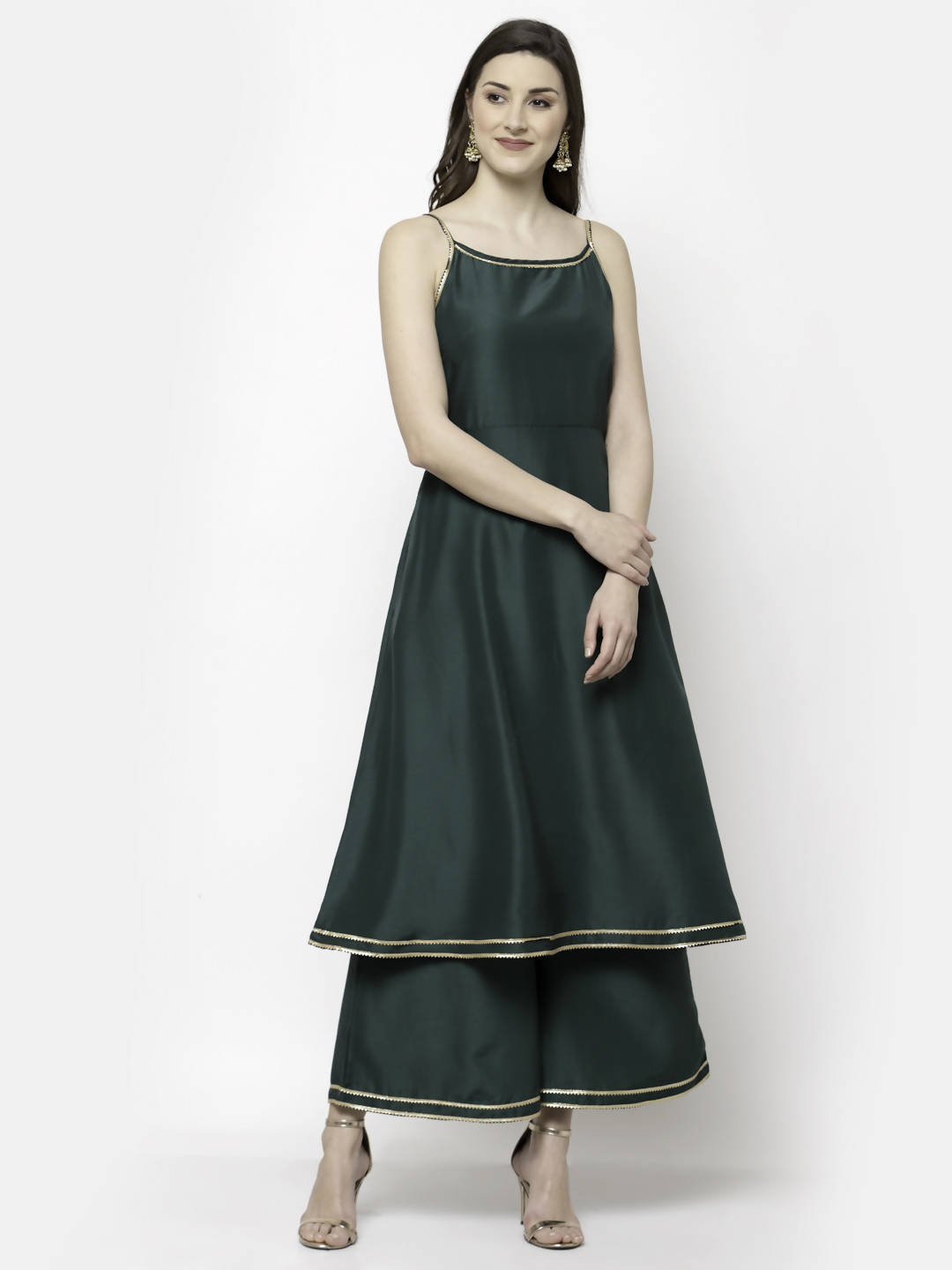 Myshka Dark Green Silk Blend Solid Sleeveless Round Neck Kurta Palazzo Dupatta Set | Grocsy