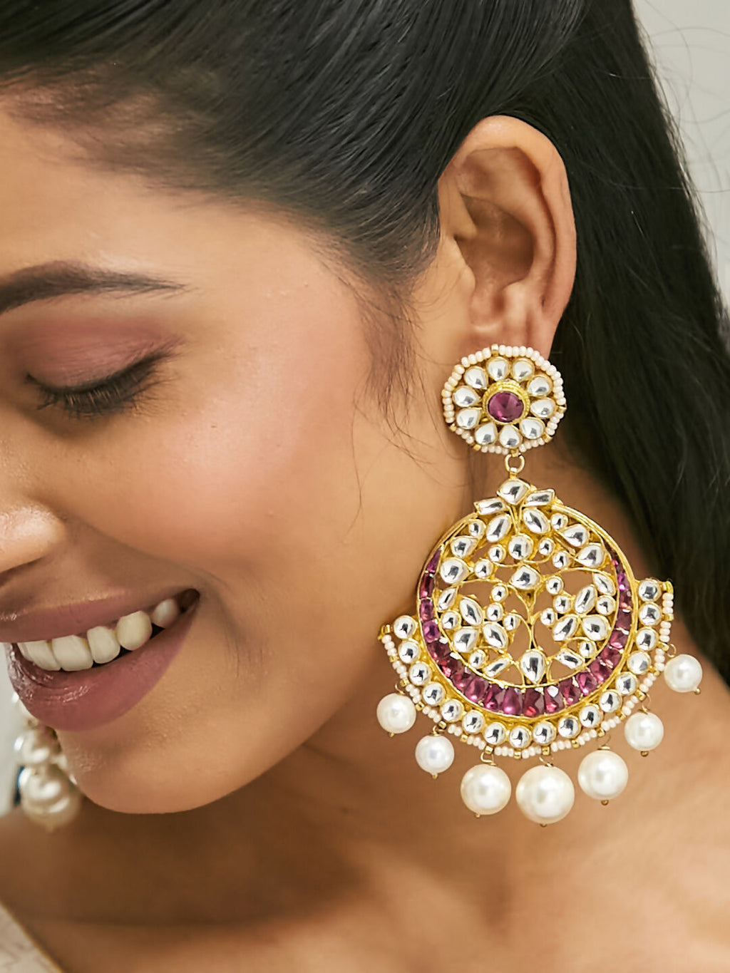 Nuyug 22K Gold-Plated Elegant Ruby & Kundan Stone Studded With Pearl Beaded Floral Chandbalis | Grocsy