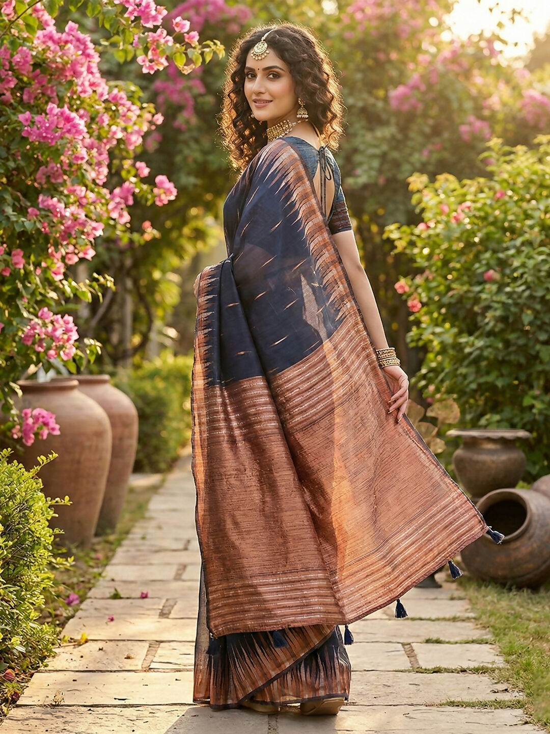Shree Shyam Fashion Navy Blue Linen Cotton Saree | Grocsy