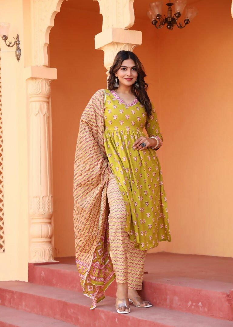 Alvano Printed Naira Cut Kurti Kurti with Pant and Dupatta Set for Women's and Girls Cotton | Grocsy