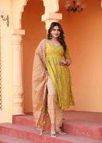 Alvano Printed Naira Cut Kurti Kurti with Pant and Dupatta Set for Women's and Girls Cotton | Grocsy