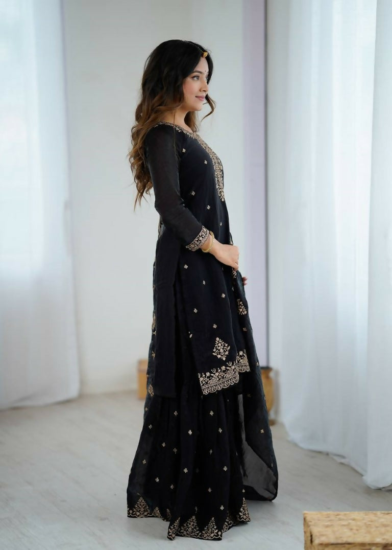 Teeya Creation Black Color Crunchy Silk Embroidery Work Wedding Wear Salwar Suit | Grocsy