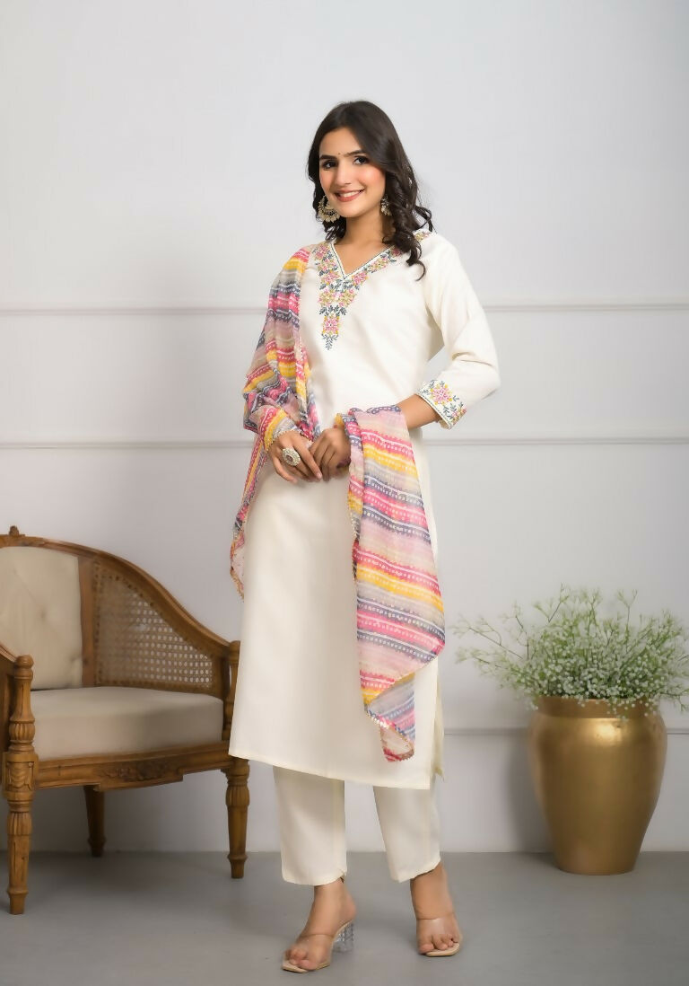 Festive Wear Ethnic White viscose blend Stitched Suit With Dupatta - Tanisha | Grocsy