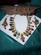 Long Kundan Neckpiece with Earrings with Multi Stones Jewellery Set (Gold) - Ruby Raang | Grocsy