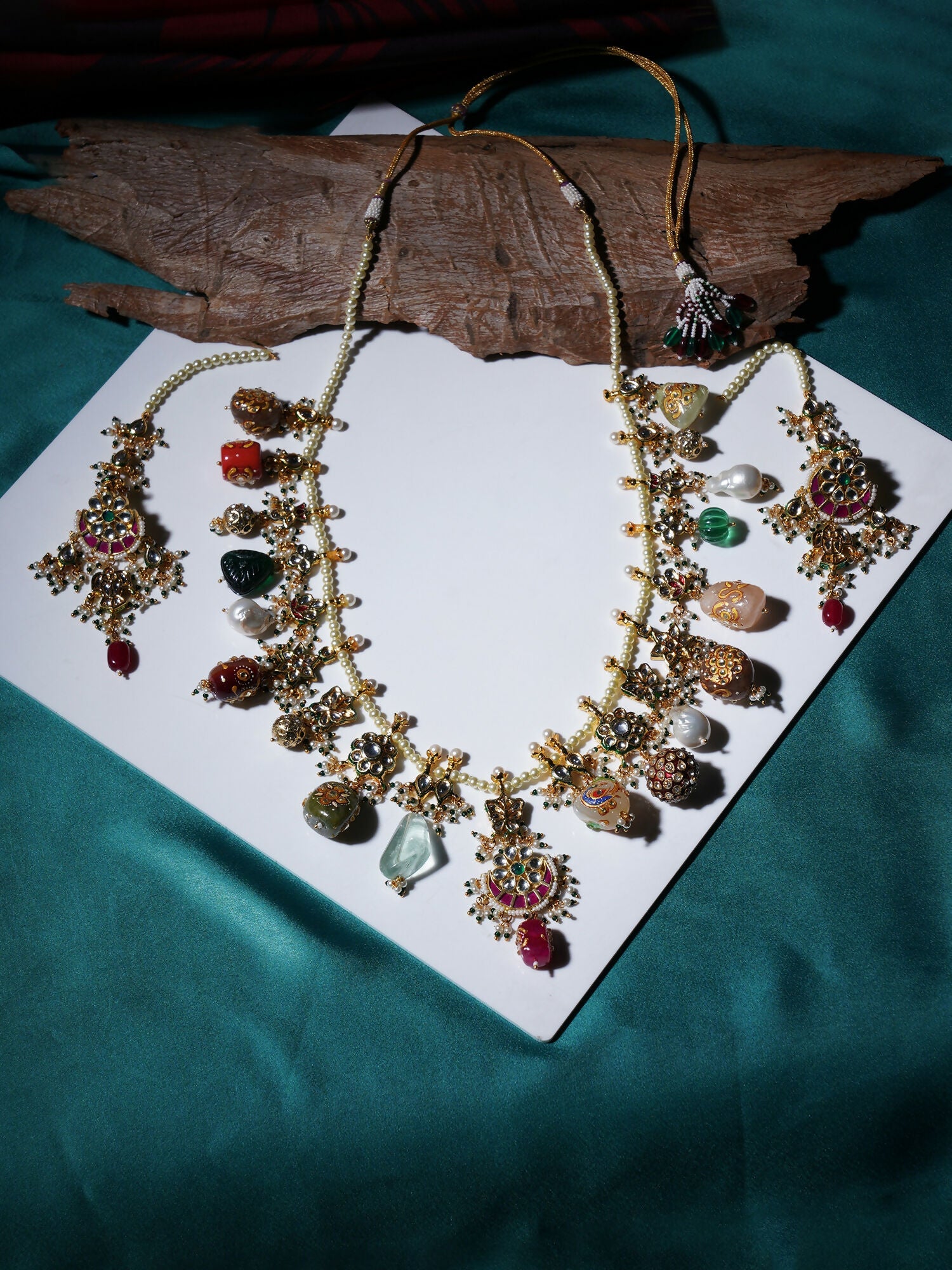 Long Kundan Neckpiece with Earrings with Multi Stones Jewellery Set (Gold) - Ruby Raang | Grocsy