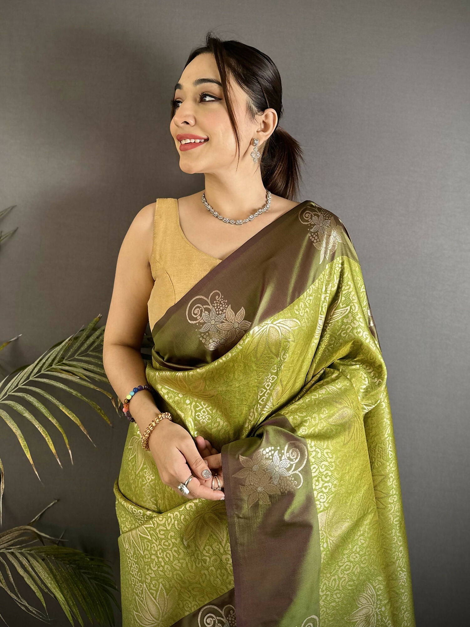 Joban Fashion Dusty Green Intricate Zari Weaving Soft Silk Dharmavaram Saree | Grocsy