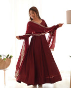 Teeya Creation Maroon Color Pure Roman Silk Chanderi Party Wear Fully Stitched Gown | Grocsy