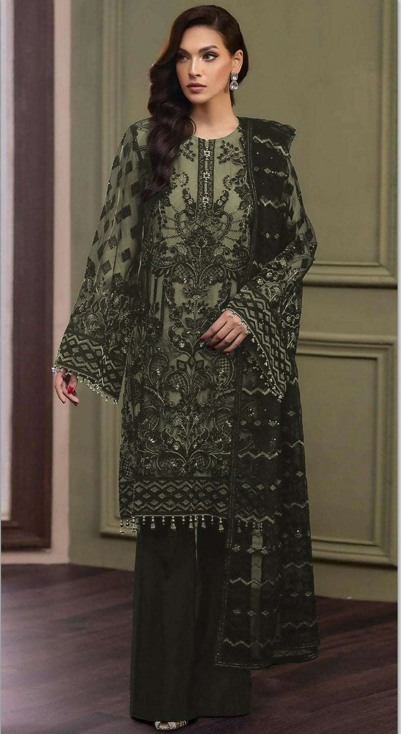 Anaita Olive Heavy Organza With Embroidery And Khatli Work Salwar Suit | Grocsy