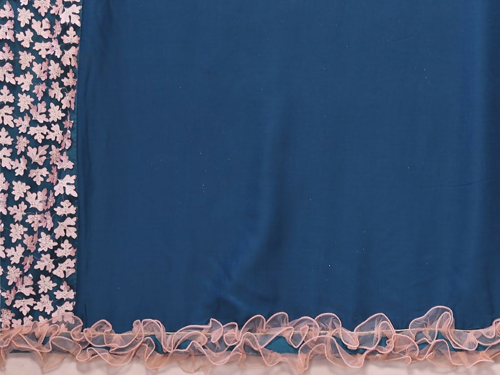 Teal Blue Silk Georgette Laser Cut Embroidery Wired Frills Saree - Norita Saumya | Grocsy