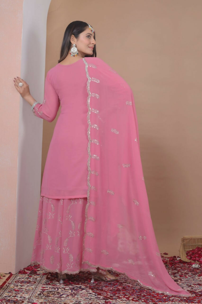 Teeya Creation Baby Pink Color Faux Georgette Wedding Wear Trending Palazzo Set | Grocsy