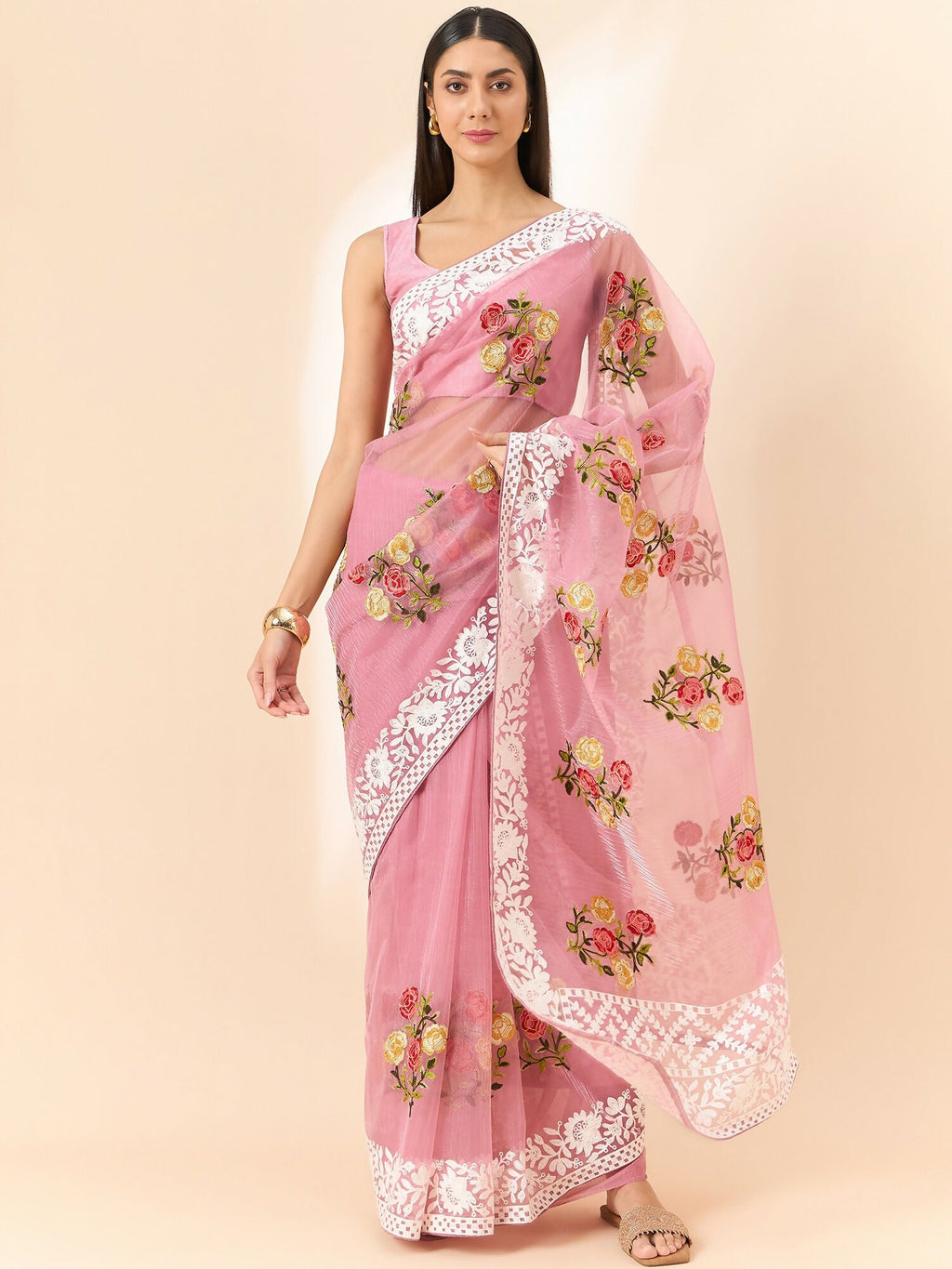 Pink Organza Floral Embroidered Saree with Unstitched Blouse Piece - Roozal | Grocsy