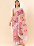 Pink Organza Floral Embroidered Saree with Unstitched Blouse Piece - Roozal | Grocsy