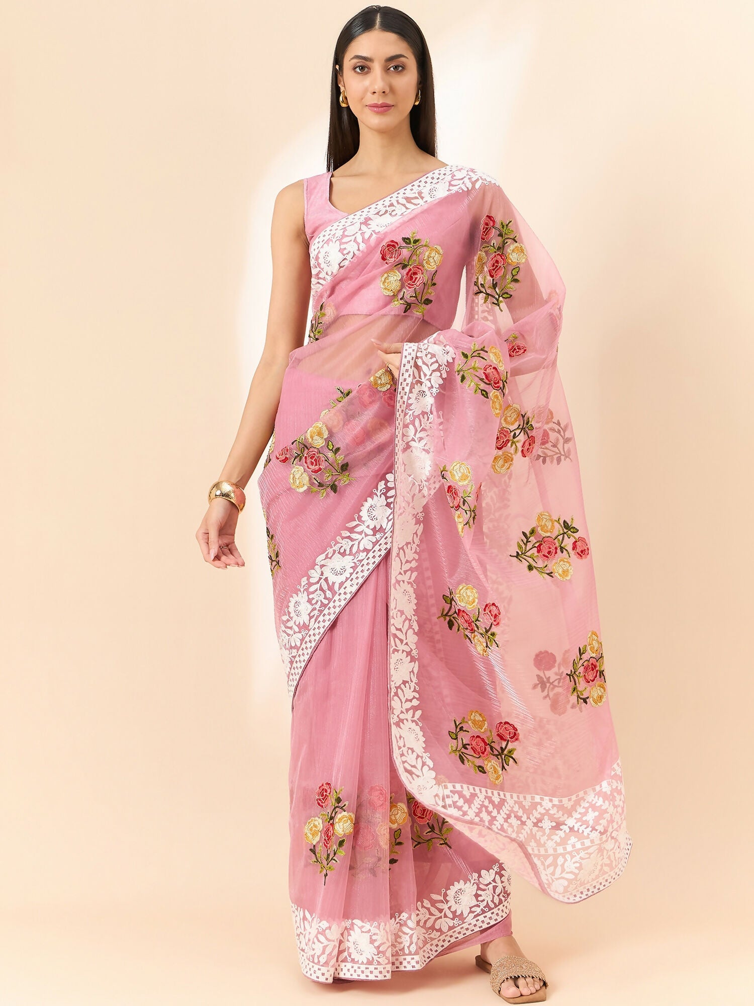 Pink Organza Floral Embroidered Saree with Unstitched Blouse Piece - Roozal | Grocsy