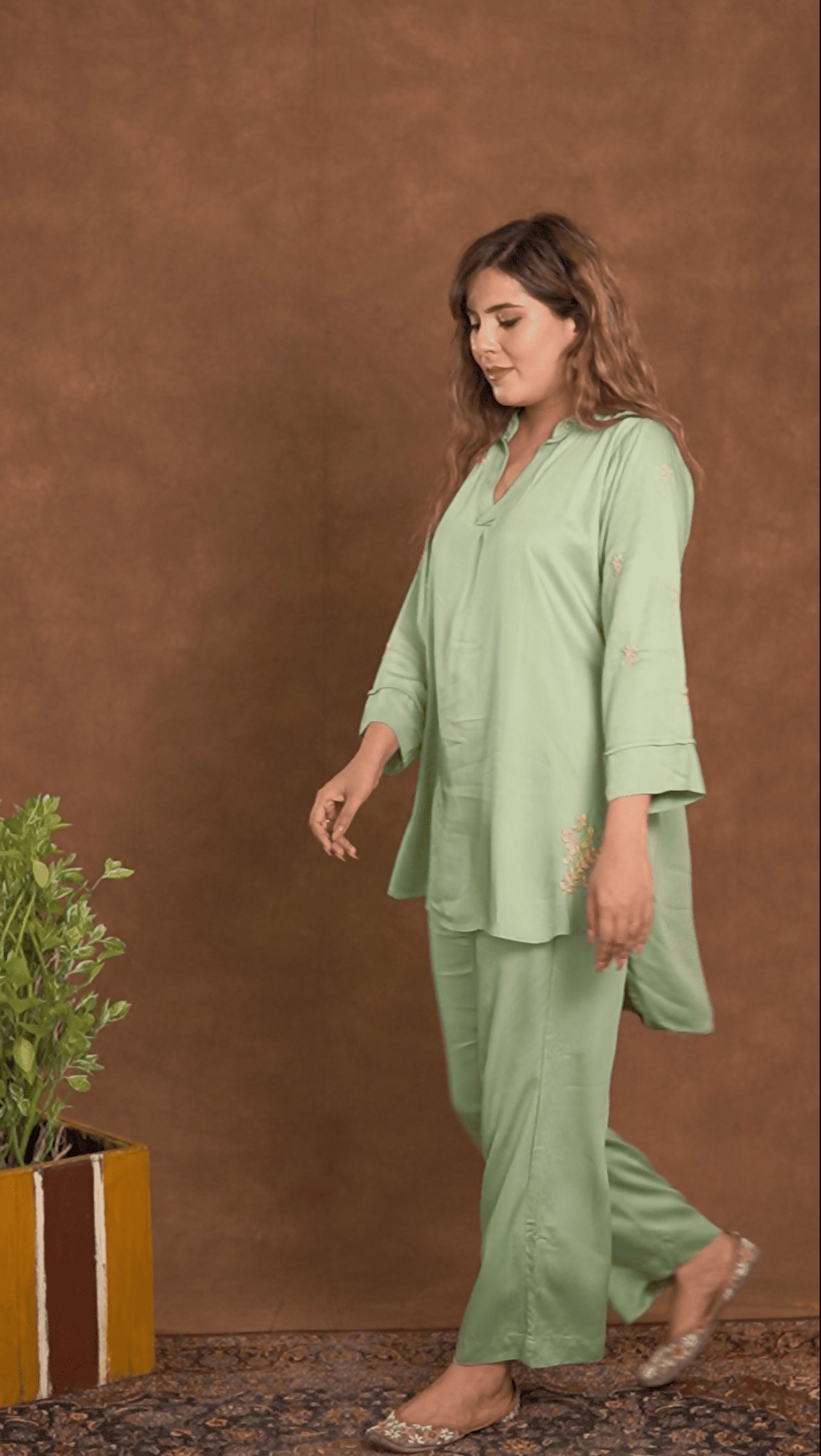 Gharana India Jashn Premium Women's Chikankari Embroidered Twilight Silk Co-ord Set - Sage Green | Grocsy