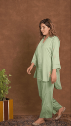 Gharana India Jashn Premium Women's Chikankari Embroidered Twilight Silk Co-ord Set - Sage Green | Grocsy