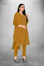 Mustard Heavy Organza Silk Embroidered Unstitched Dress Material - Amara | Grocsy