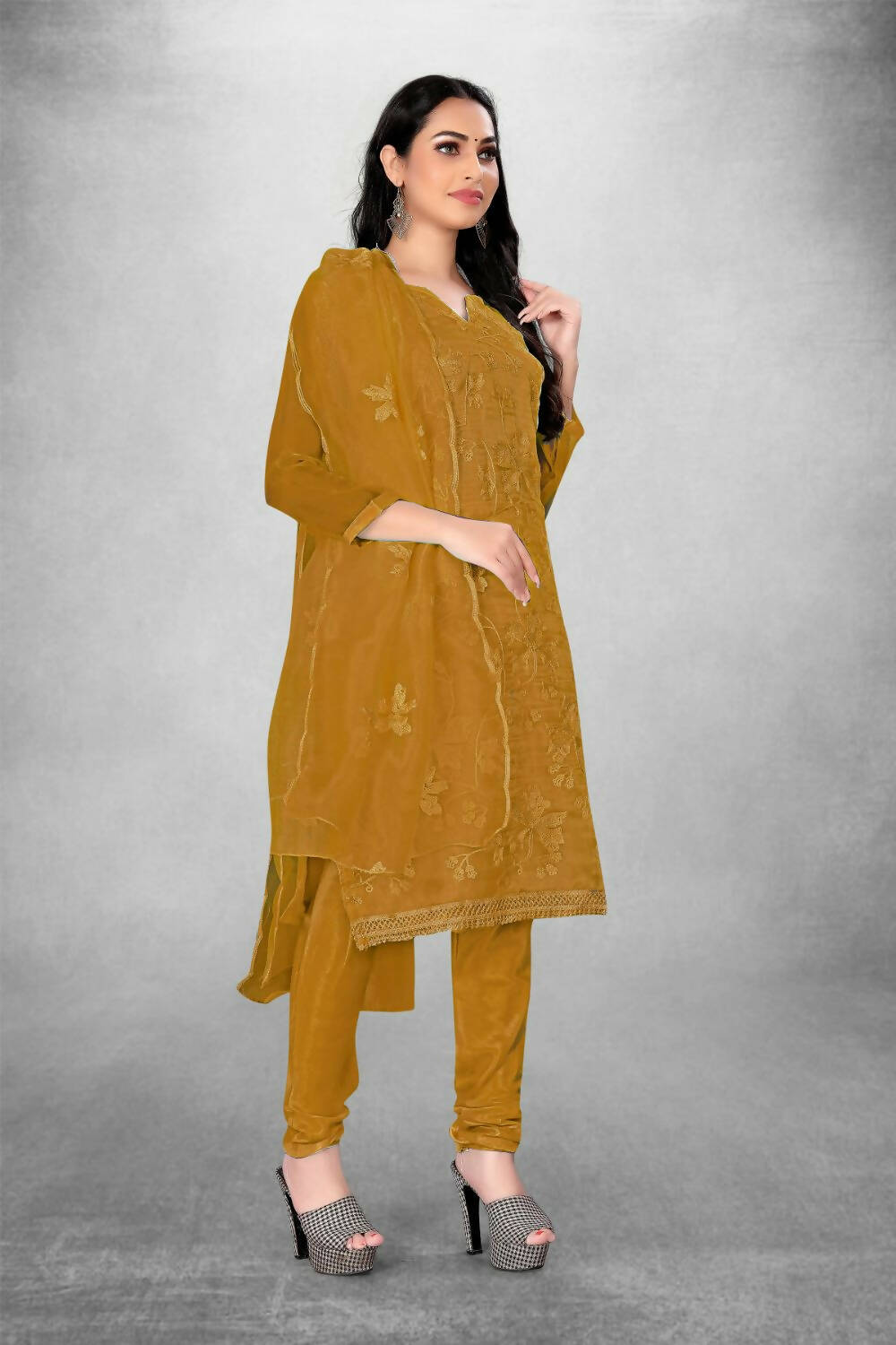 Mustard Heavy Organza Silk Embroidered Unstitched Dress Material - Amara | Grocsy