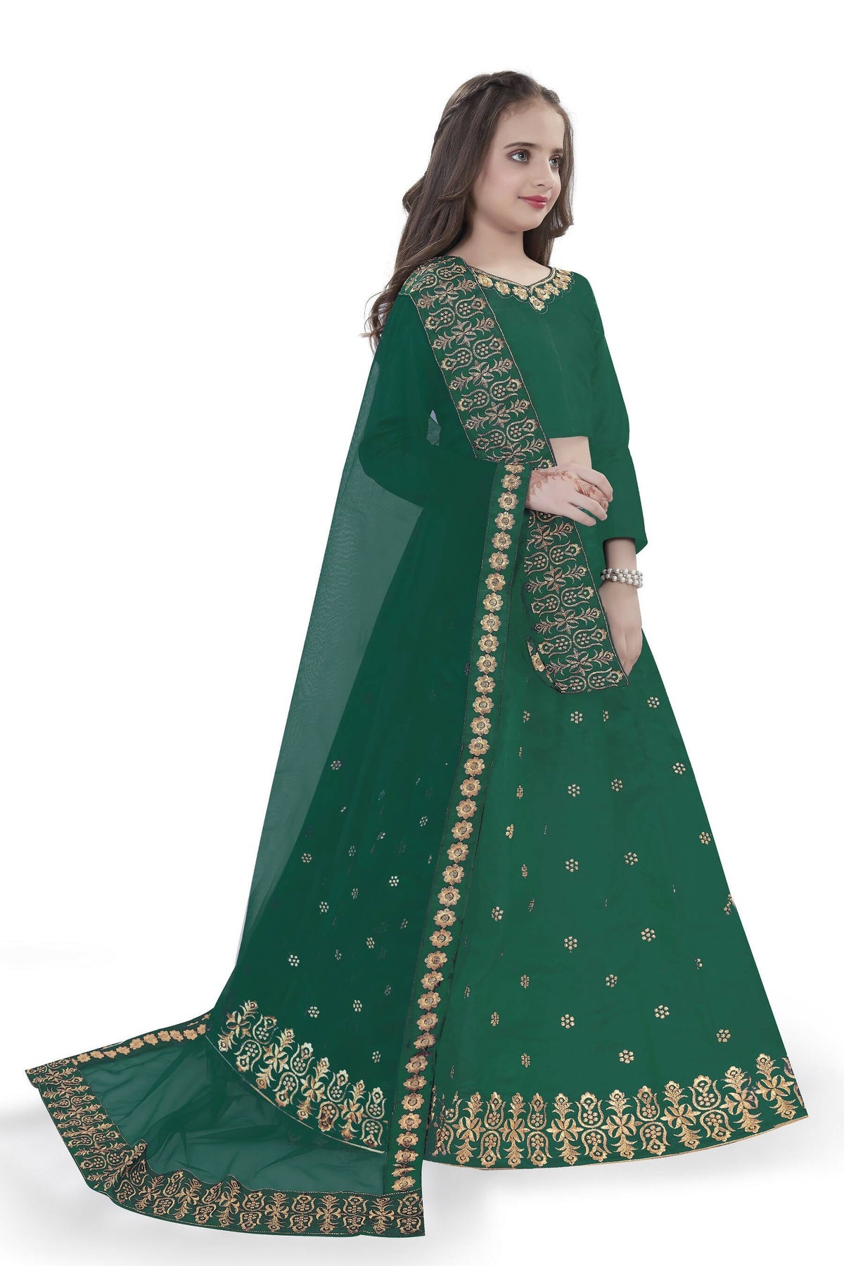 Dwiden Green Queen Tafetta Sattin Semi-Stitched Girl's Lehenga Choli | Grocsy
