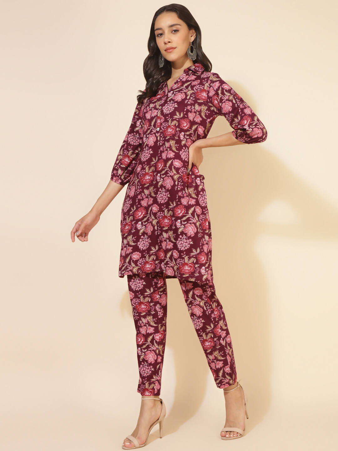 Janasya Women's Purple Cotton Floral Printed Casual Straight Kurta Set | Grocsy