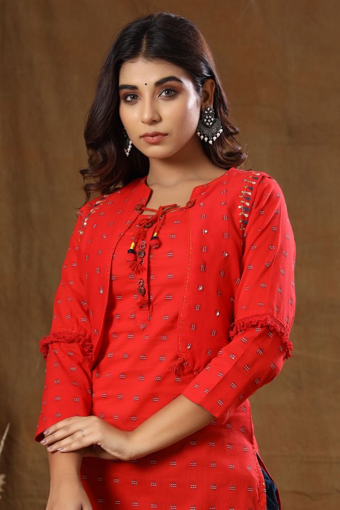 Kaajh Red Printed Jacket Kurta Pant Set For Women | Grocsy