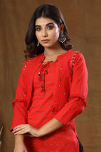 Kaajh Red Printed Jacket Kurta Pant Set For Women | Grocsy