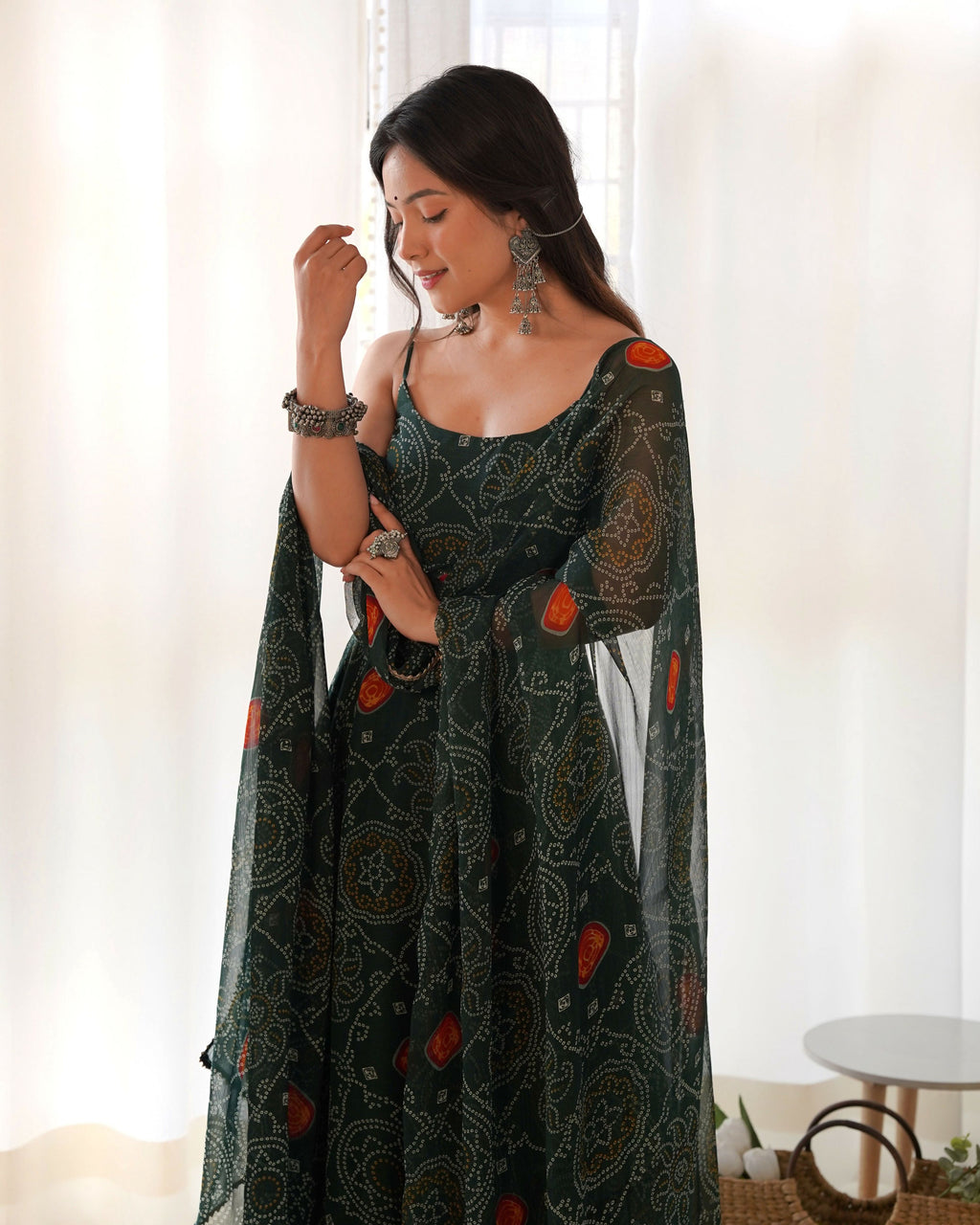 Joban Fashion Bottle Green Kurta Set Chiffon Sequin Embroidery Work | Grocsy