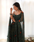 Joban Fashion Bottle Green Kurta Set Chiffon Sequin Embroidery Work | Grocsy