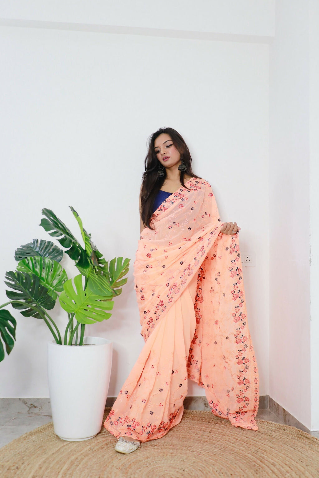 Vamsee Era Peach Georgette Saree | Grocsy