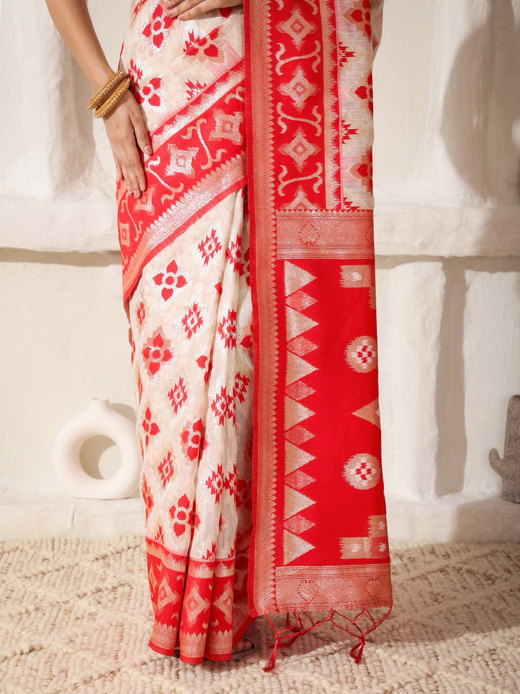 Shree Shyam Fashion Linen Cotton Red & White Saree | Grocsy
