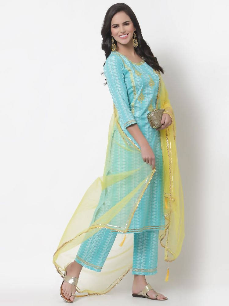 Myshka Women's Cotton Printed 3/4 Sleeve Round Neck Casual Kurta Pant Dupatta Set | Grocsy