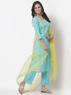 Myshka Women's Cotton Printed 3/4 Sleeve Round Neck Casual Kurta Pant Dupatta Set | Grocsy