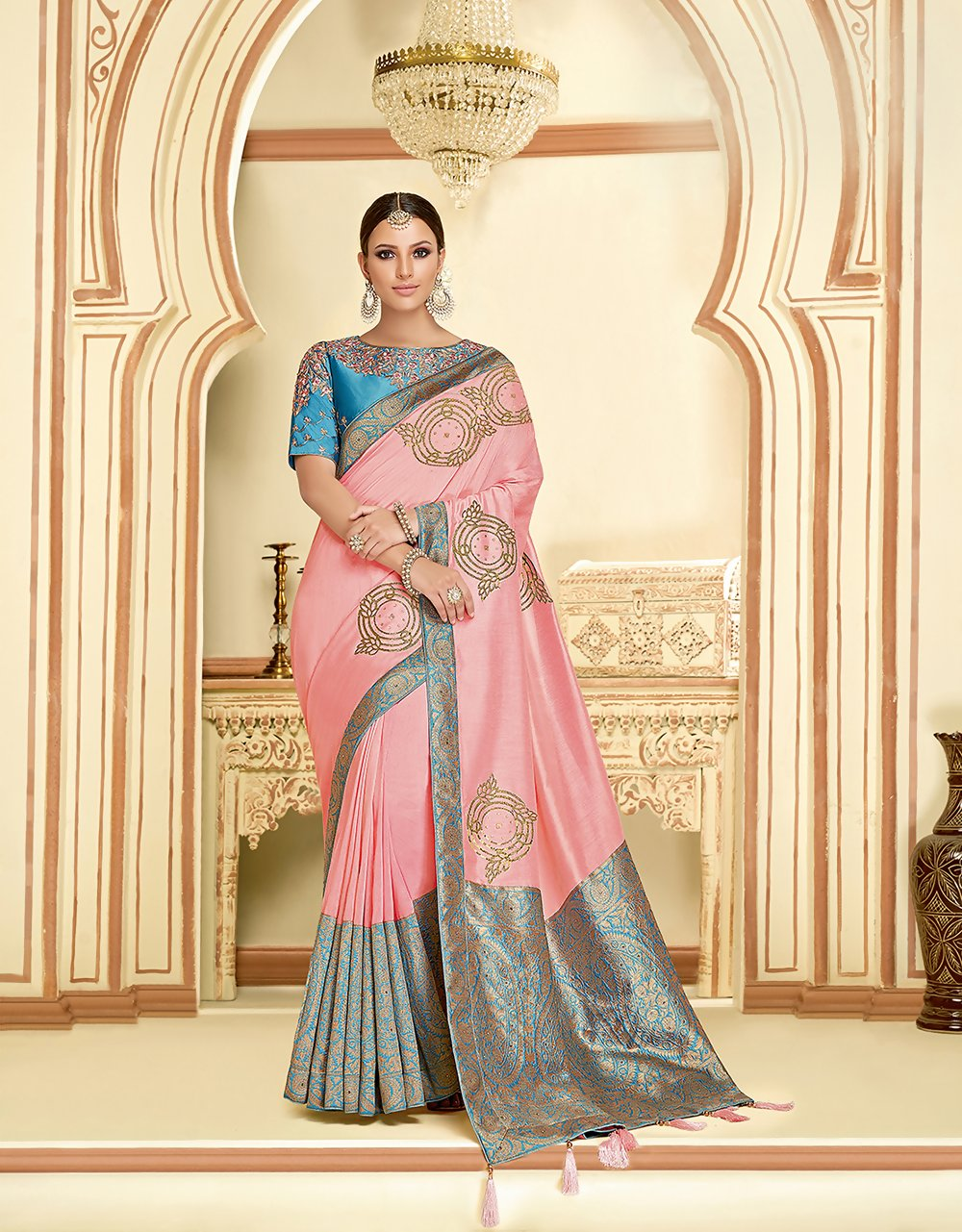 Pink Silk Georgettethread And Zari Embroidery, Laser Cut Buttas, Tassels Saree - Norita Hit | Grocsy