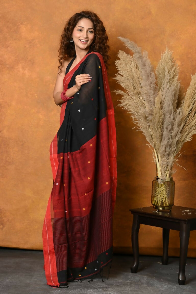 Very Much Indian Pure Cotton Handloom Saree with Buttis & Sleek Border - Black | Grocsy