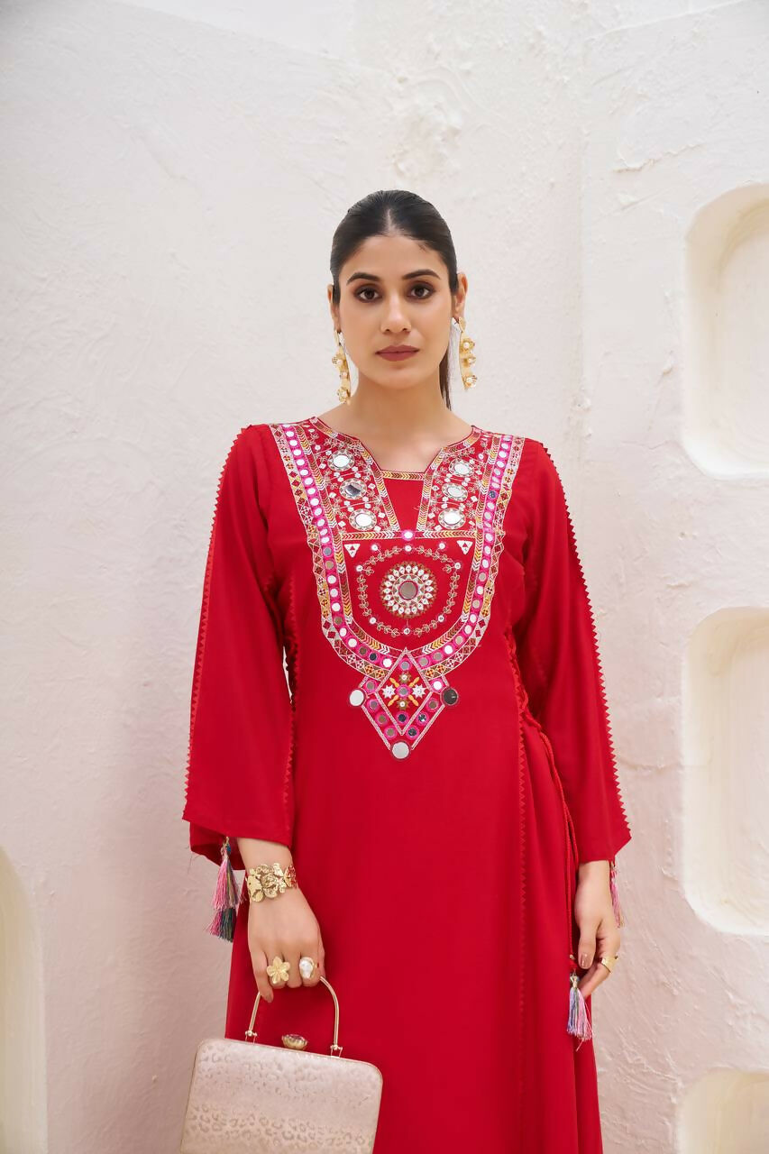 The52 Women's Gorgeous Rayon Fabric Thread Work Straight Kurta Palazzo Set | Grocsy