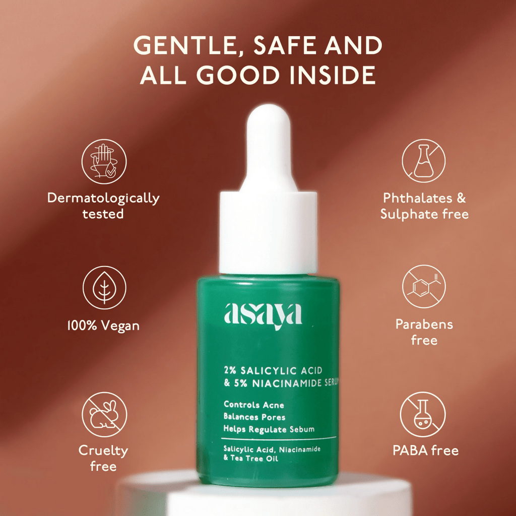 Asaya 2% Salicylic Acid Face Serum For Active Acne & Sebum Control With 5% Niacinamide & Tea Tree Oil | Grocsy