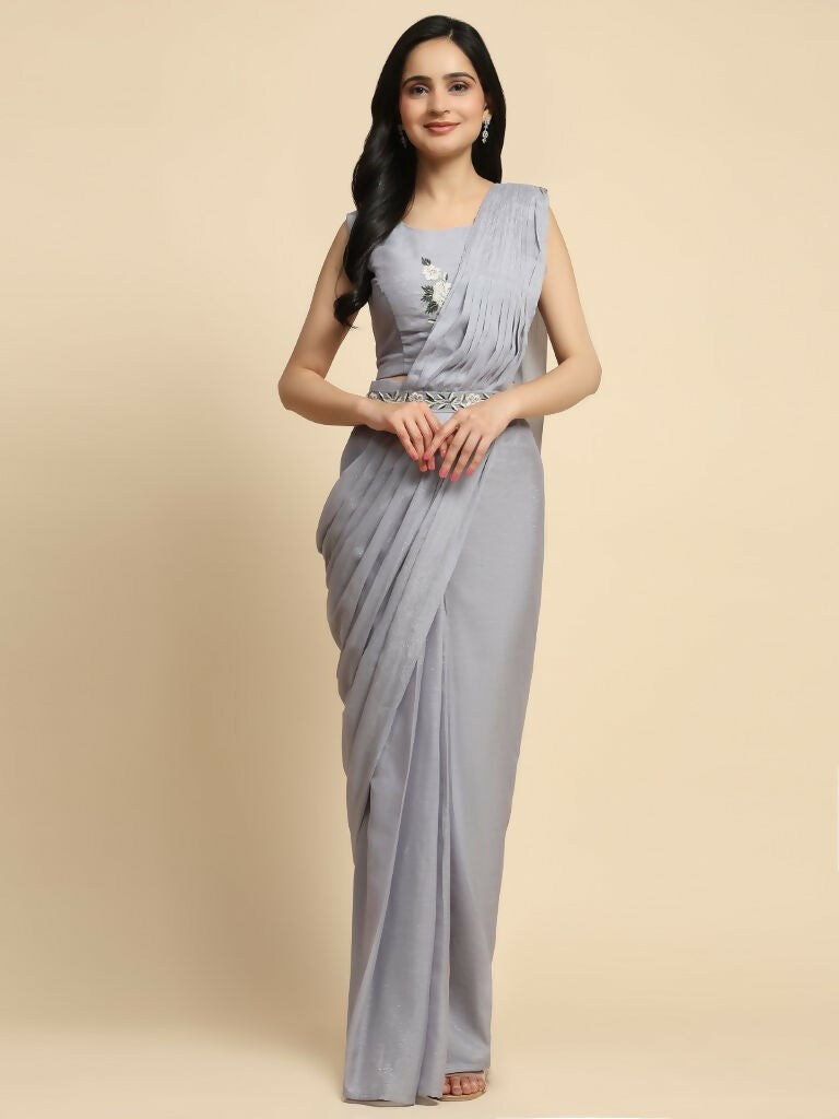 Grey Chiffon Solid Ready to wear Saree with stitched Blouse - Aayan | Grocsy